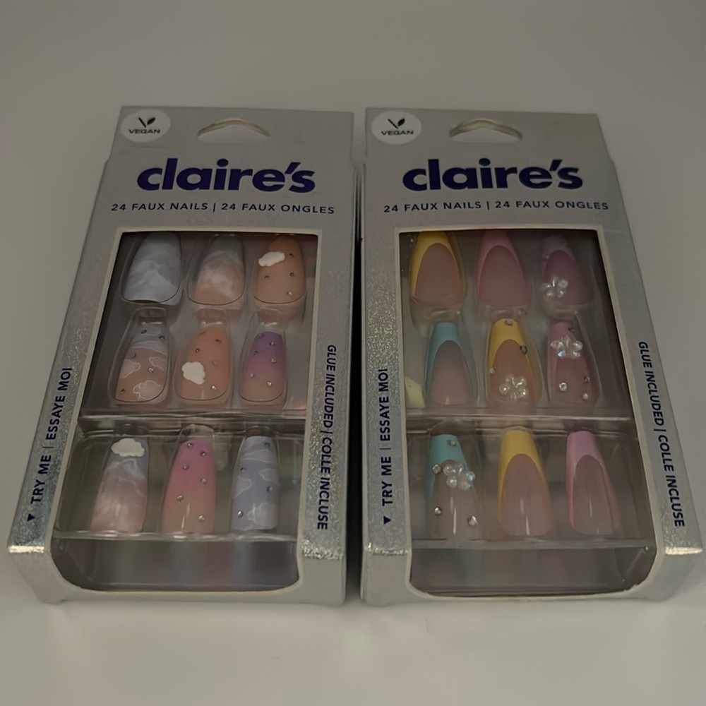 Claire’s Faux Nails Long Square Multicolor Design W/Glue(Brand New)